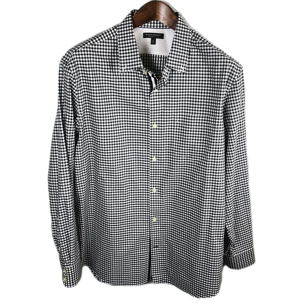 Banana Republic Button Down Shirt Mens XL‎ Black White Check Slim Fit Non Iron